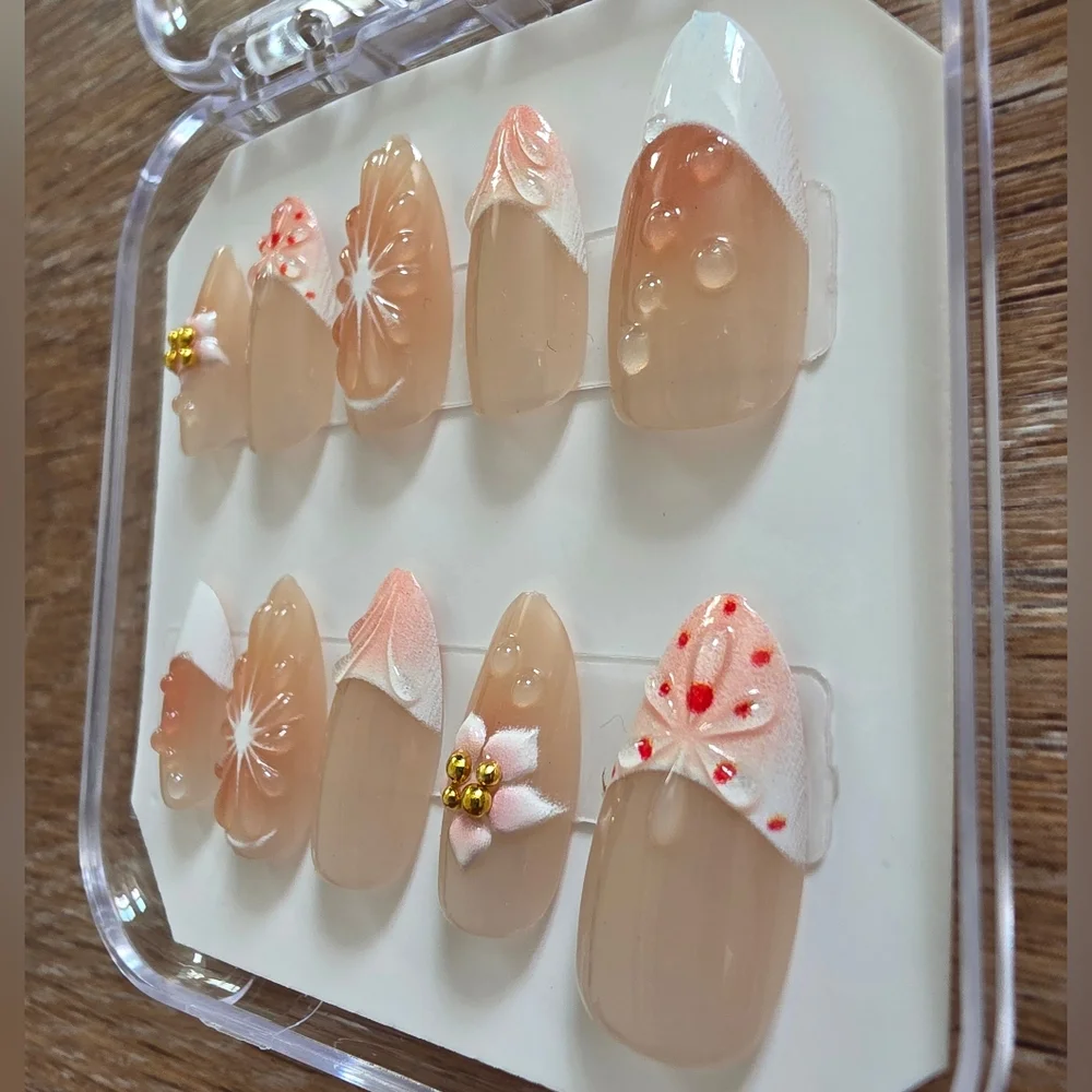 3D Floral & Water Droplet Press-On Nails | Almond Shape | Size Small